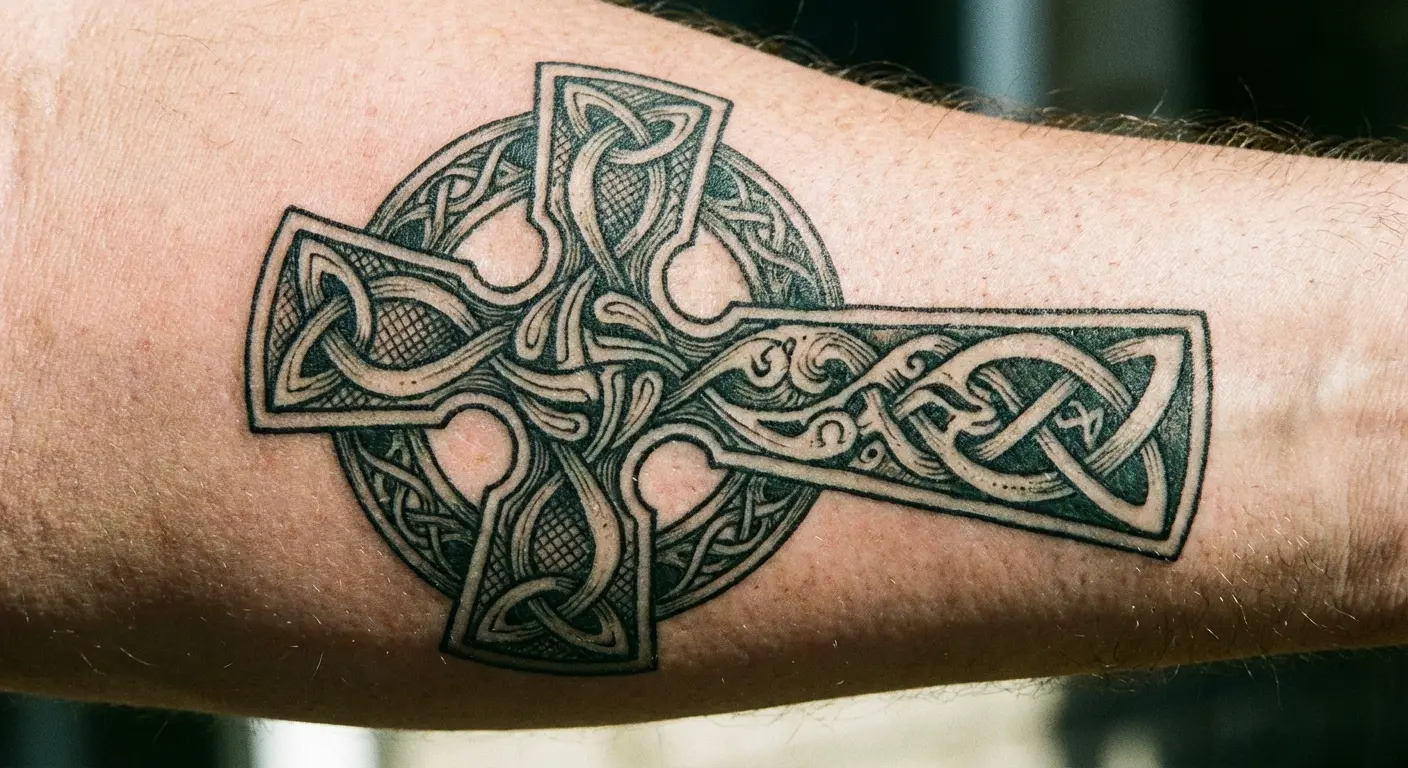 Celtic cross tattoo with intricate knotwork design