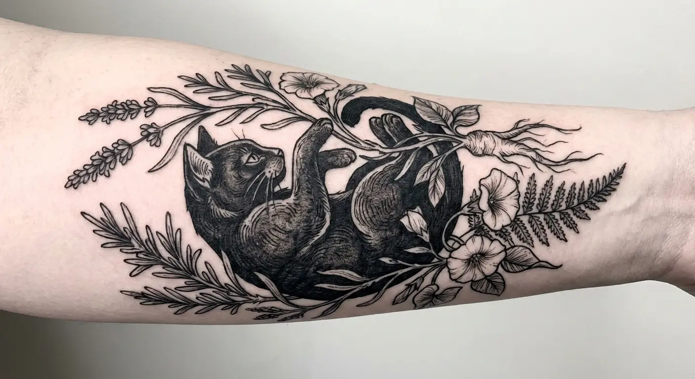 Black cat surrounded by detailed botanical herbs including rosemary and mugwort on ribcage