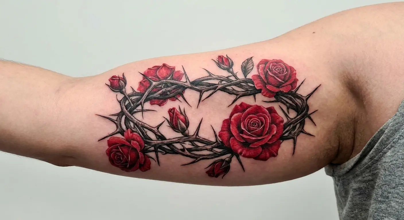 Crown of thorns with roses in various bloom stages integrated throughout