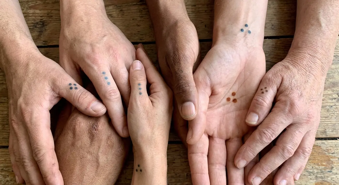 Close-up of three dot tattoo between thumb and forefinger