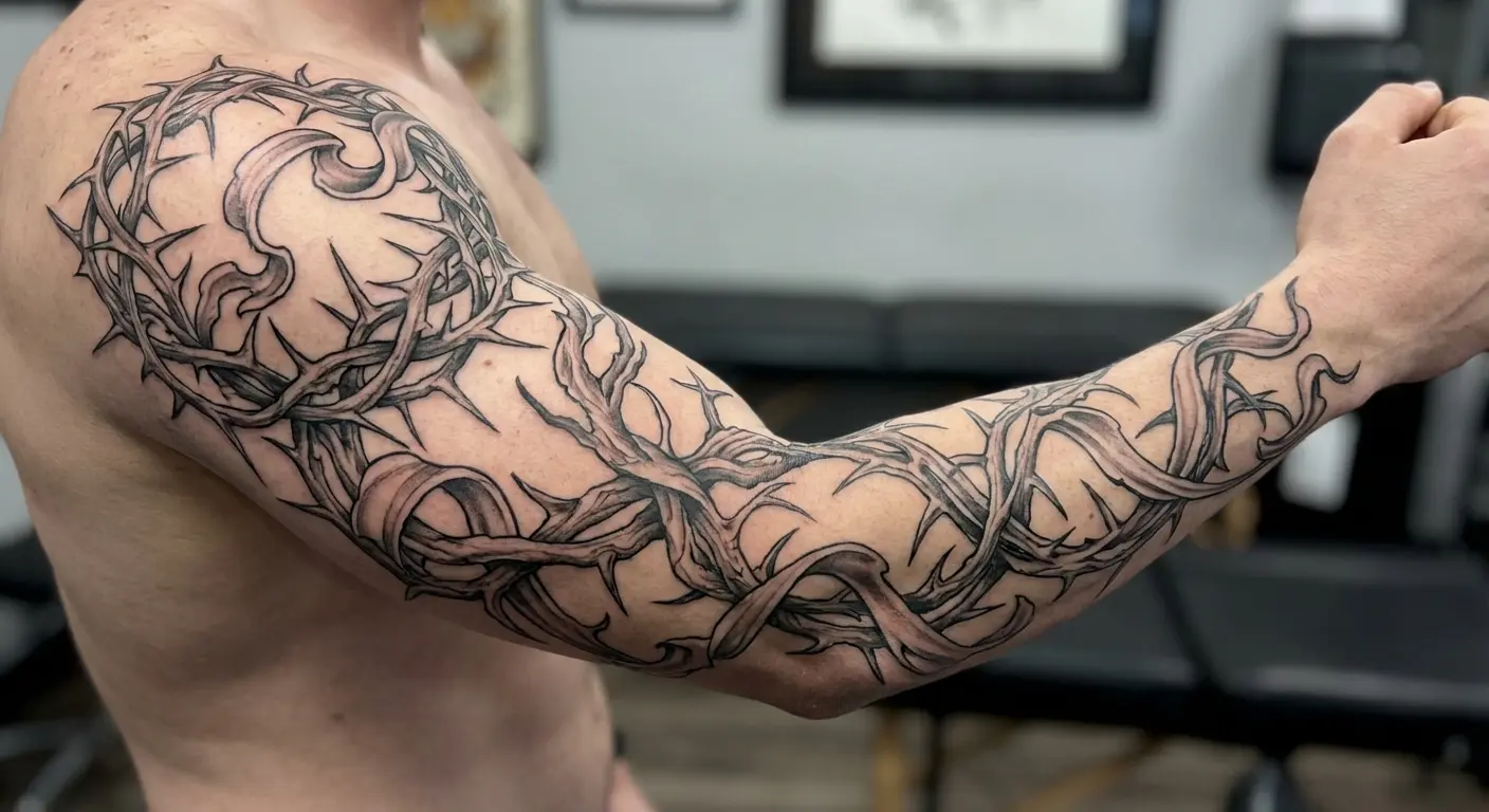 Full arm sleeve featuring thorns weaving through other design elements