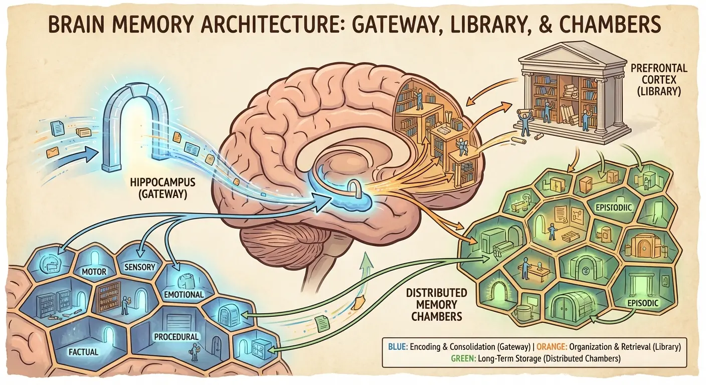Memory architecture brain tattoo showing hippocampus and distributed storage areas