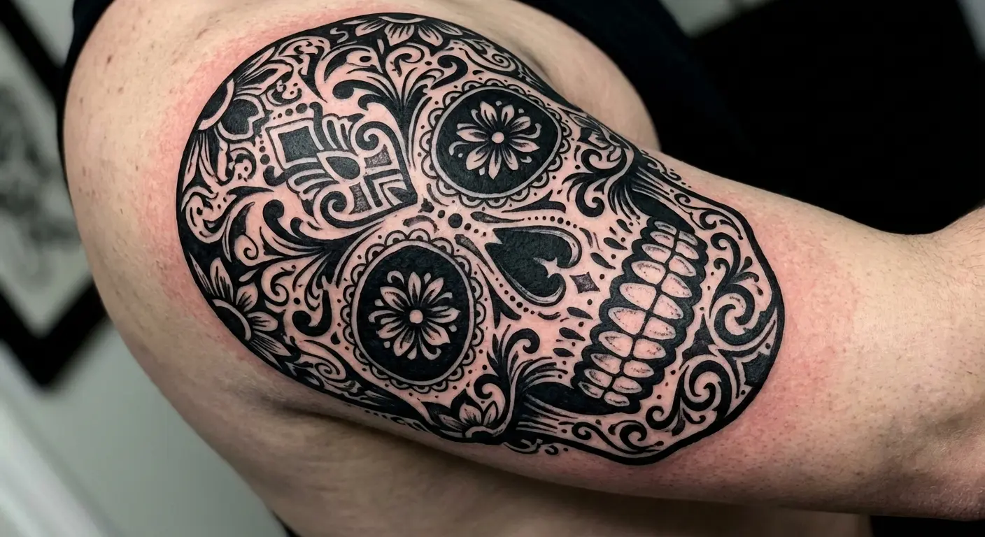 Blackwork sugar skull with negative space