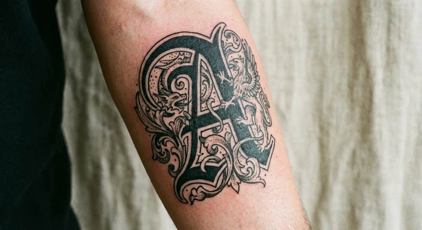 Single initial tattoo with bold line weight