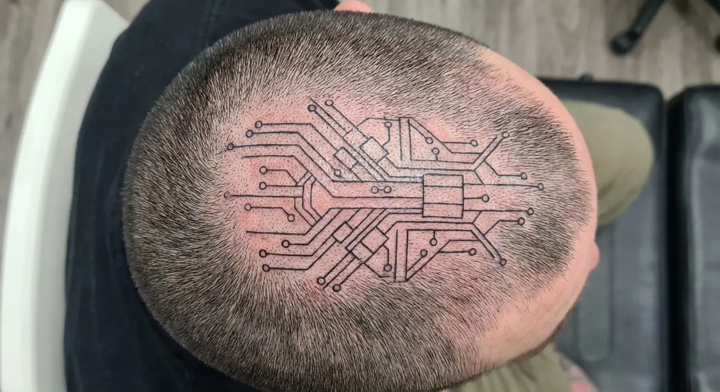 Circuit board pattern crown hair tattoo
