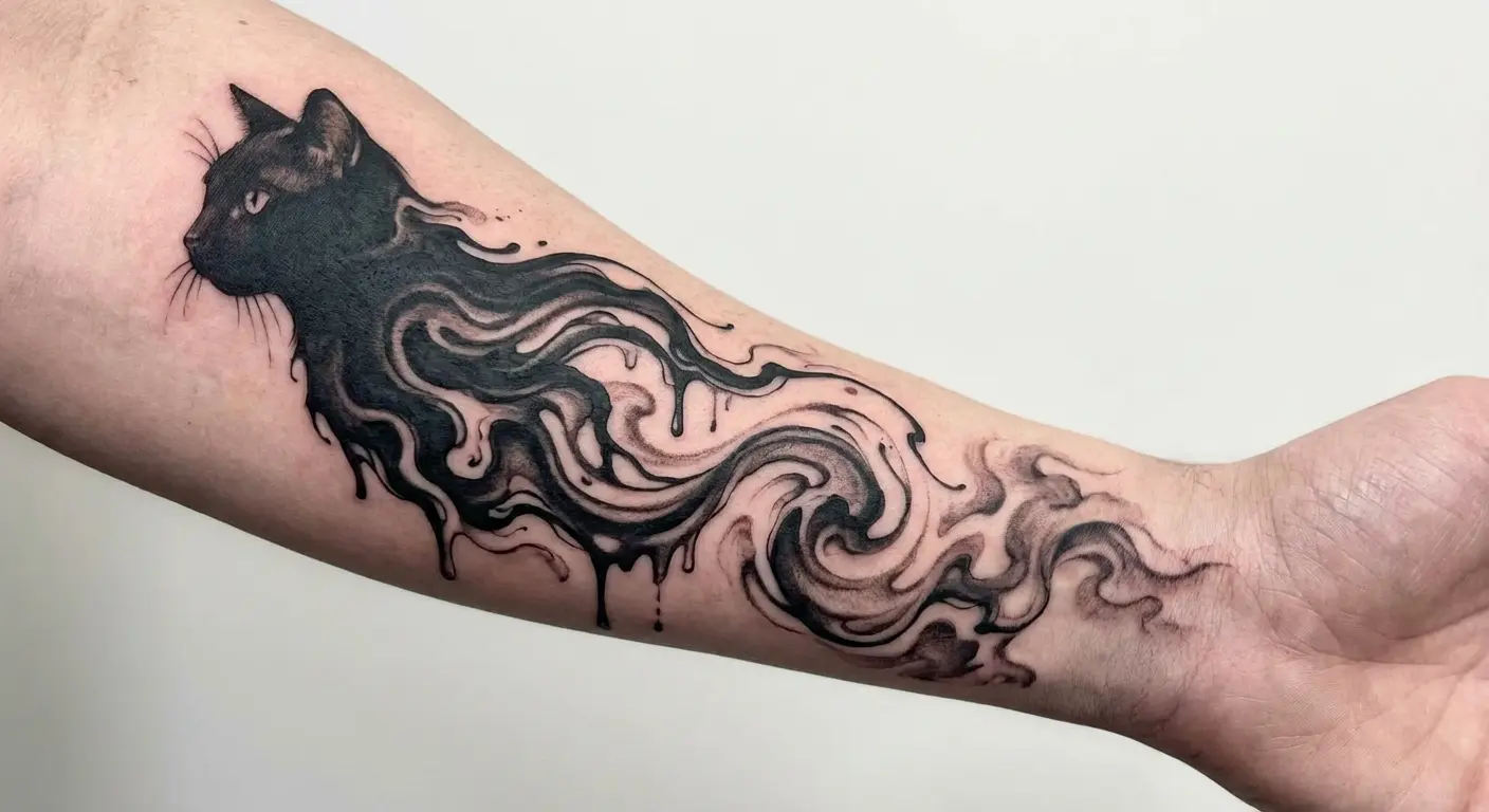 Surrealist melting black cat on ribcage, healed 2 years, showing how the gradient from solid form to dissolving shadow held up