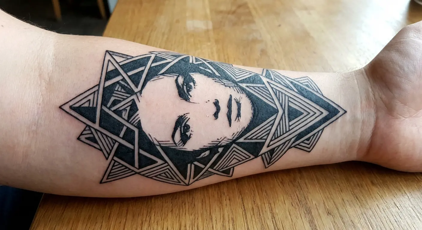 Negative space geometric portrait on inner forearm
