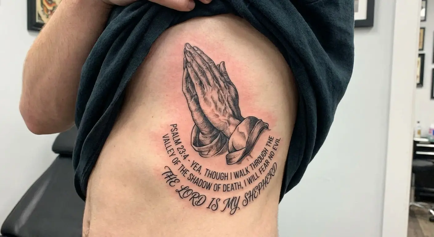 Ribcage praying hands tattoo with scripture wrapping