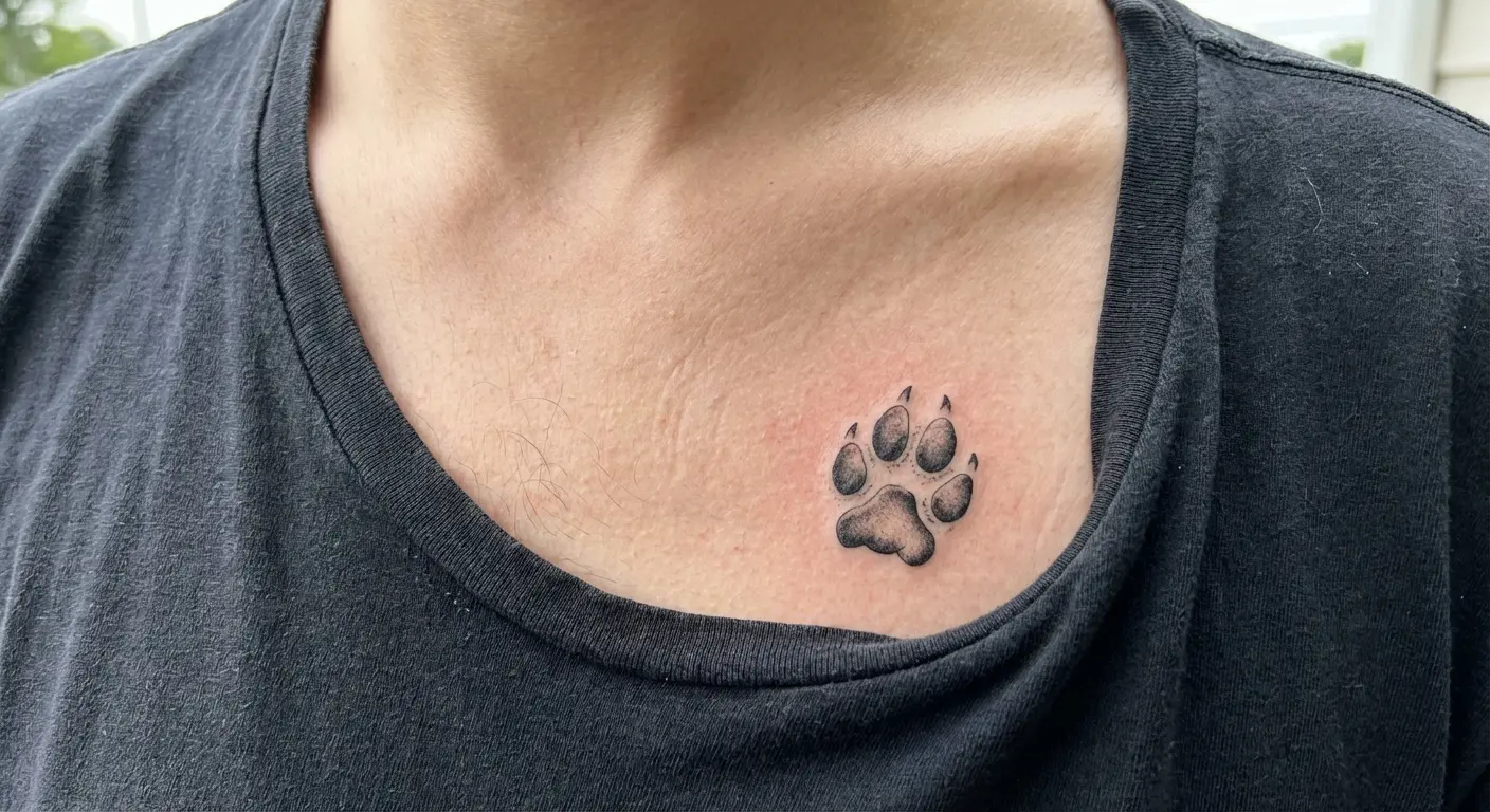 Black ink paw print tattooed on chest above heart