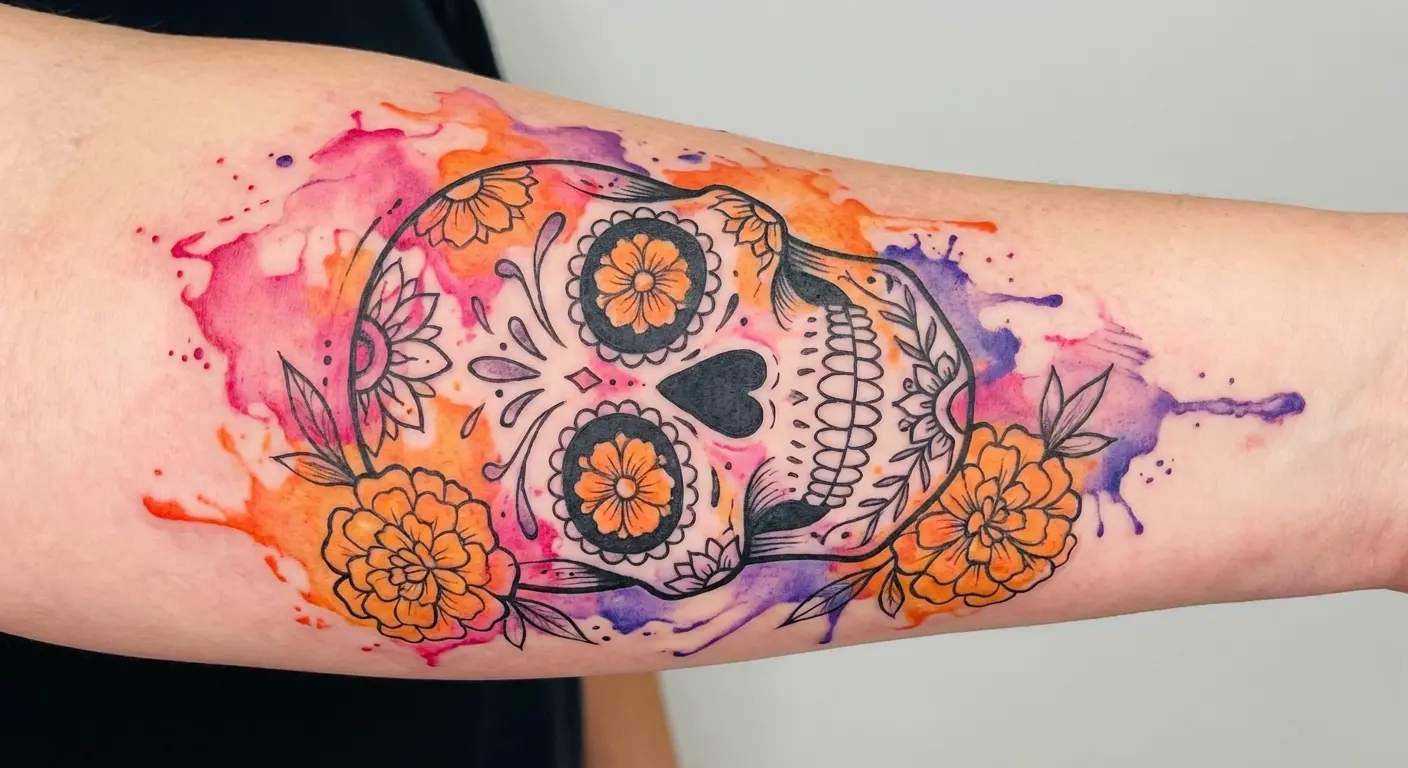 Watercolor candy skull with vibrant colors