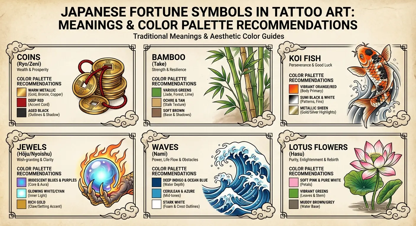 Japanese fortune snake tattoo with prosperity elements