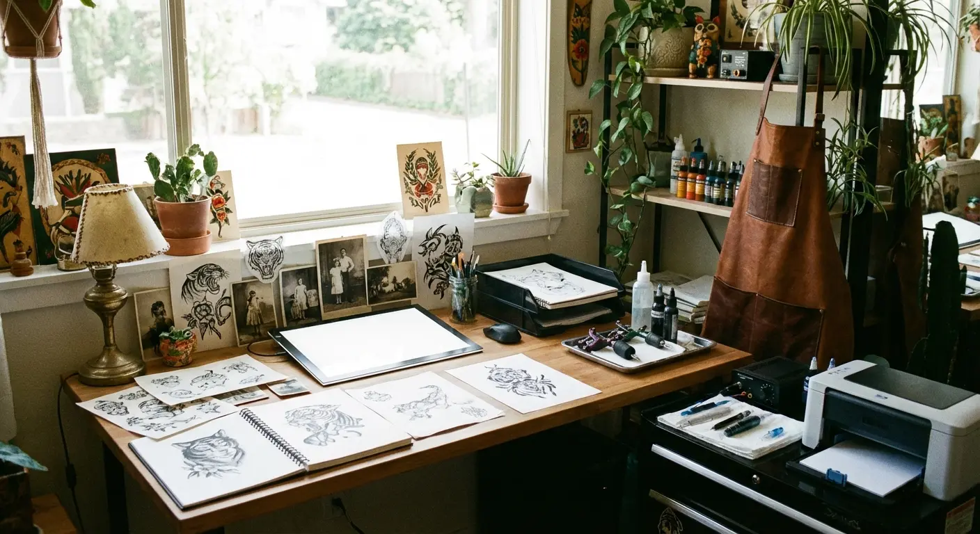 Tattoo artist working on design