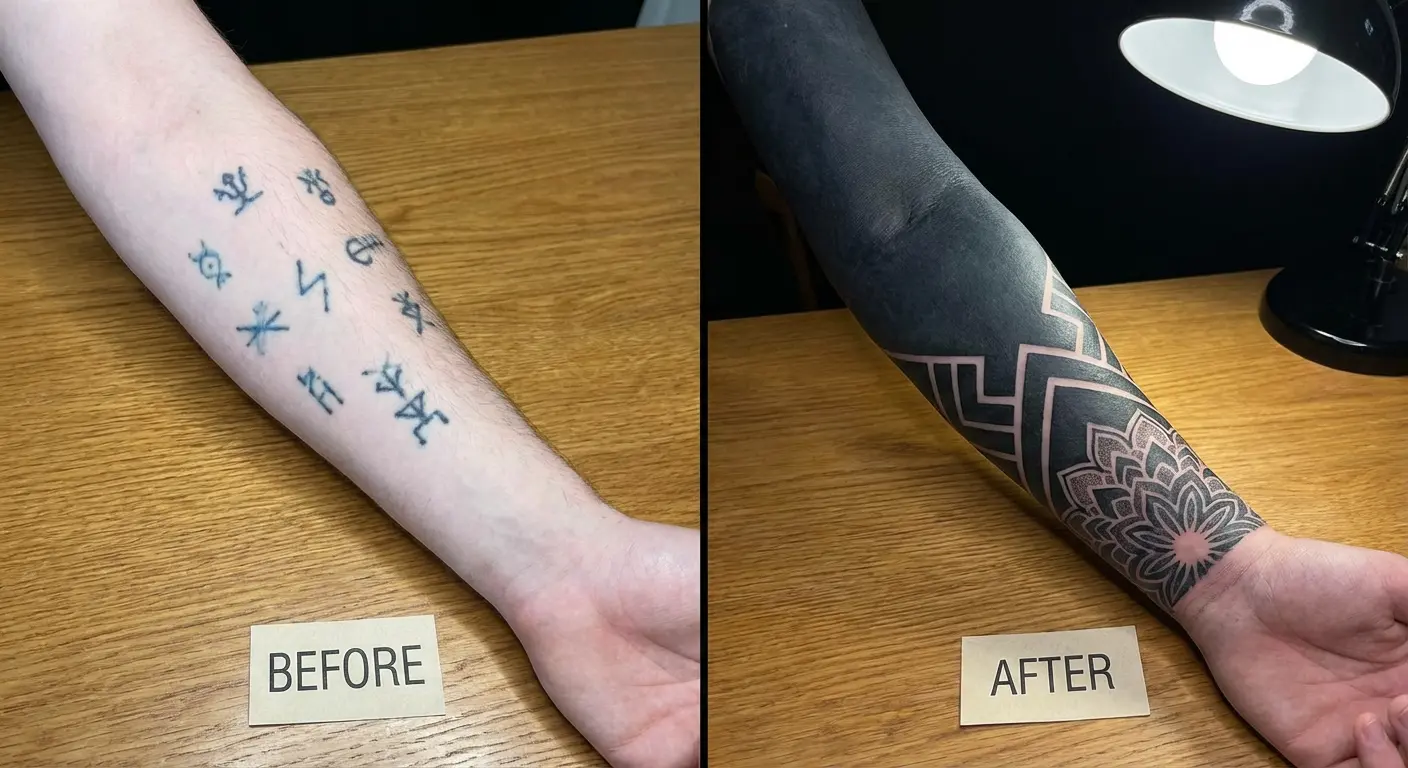 Blackout tattoo covering old tribal design