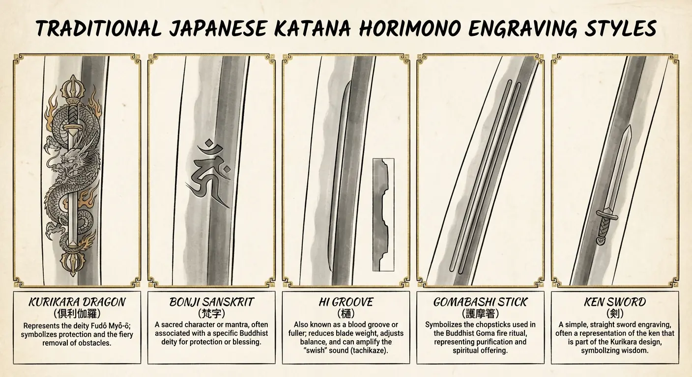 Engraved katana blade with traditional horimono