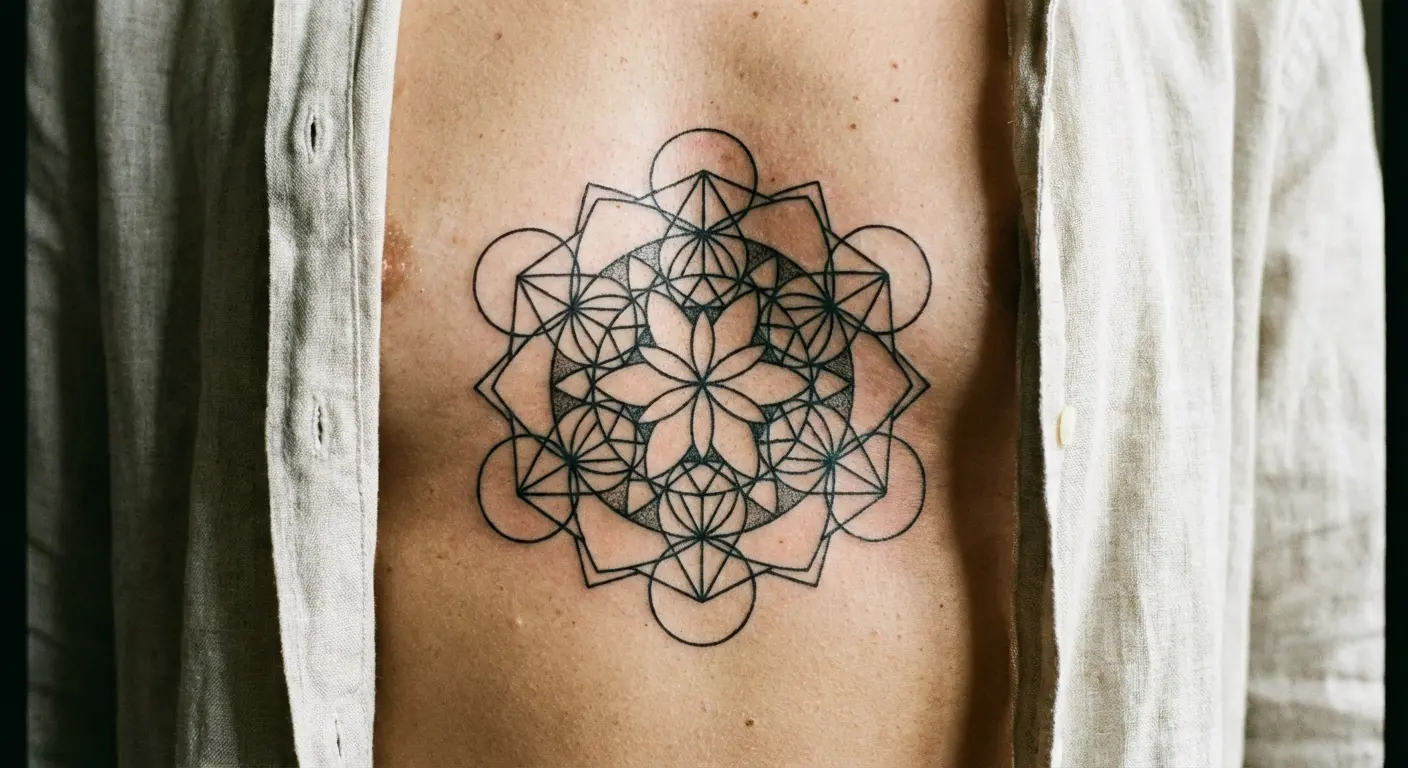 Geometric floral centered on the sternum