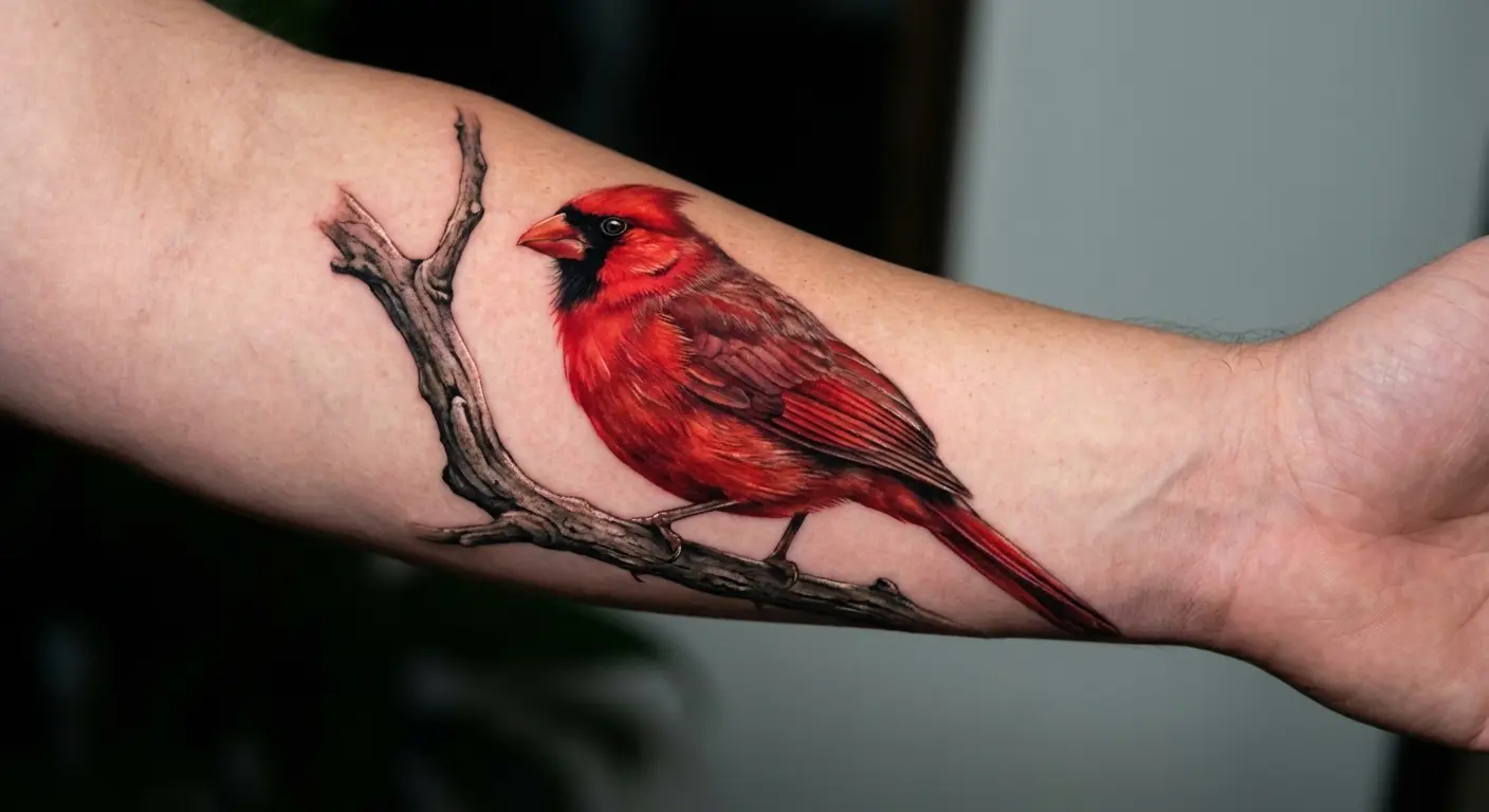 Realistic cardinal forearm tattoo with dimensional depth