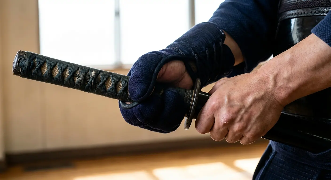 Detailed hands gripping katana handle tattoo
