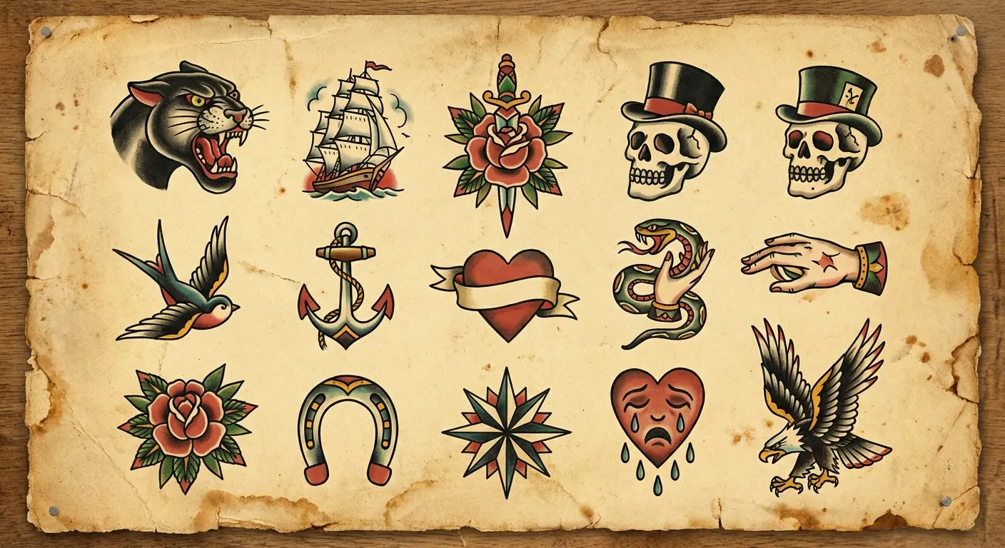 Traditional tattoo flash sheet with classic designs
