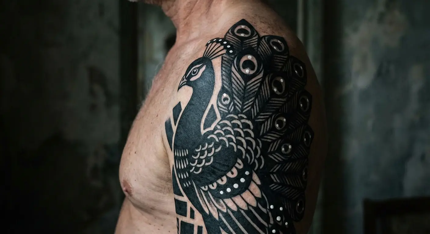 Blackwork peacock with white ink