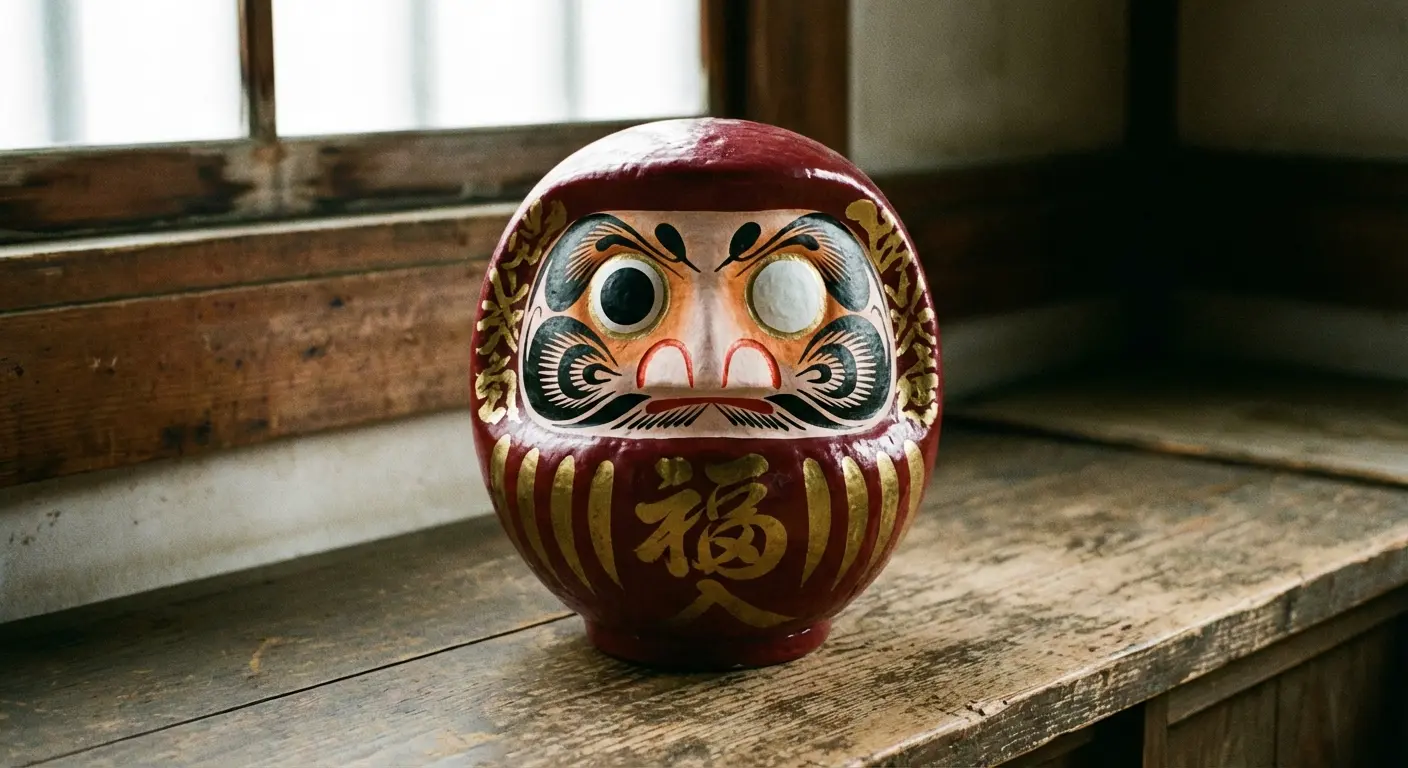 Daruma doll with one eye filled. The weighted bottom means it always rights itself, just like you do.