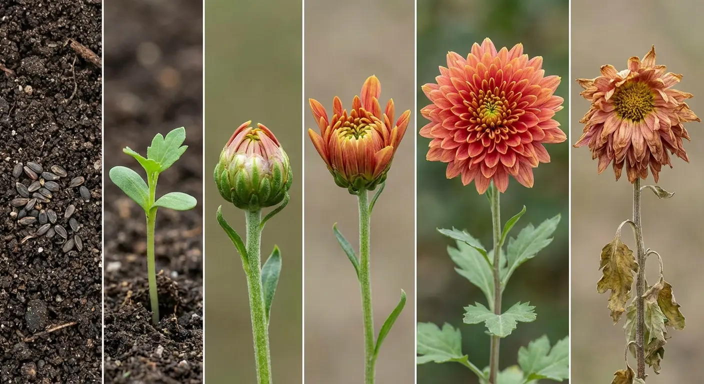 Chrysanthemum life cycle sequence from seed to bloom