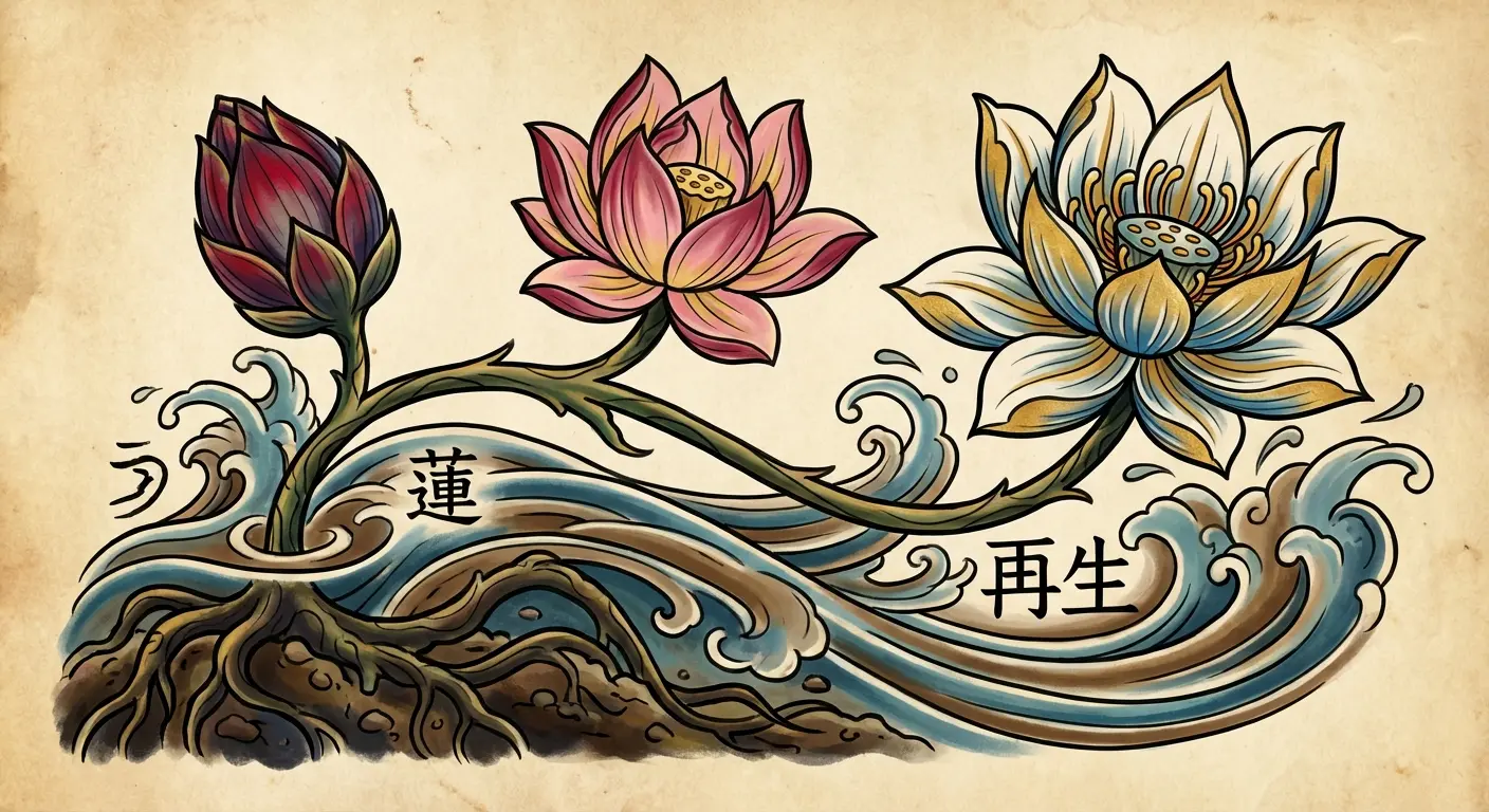 Lotus flower emerging from water in various stages of bloom