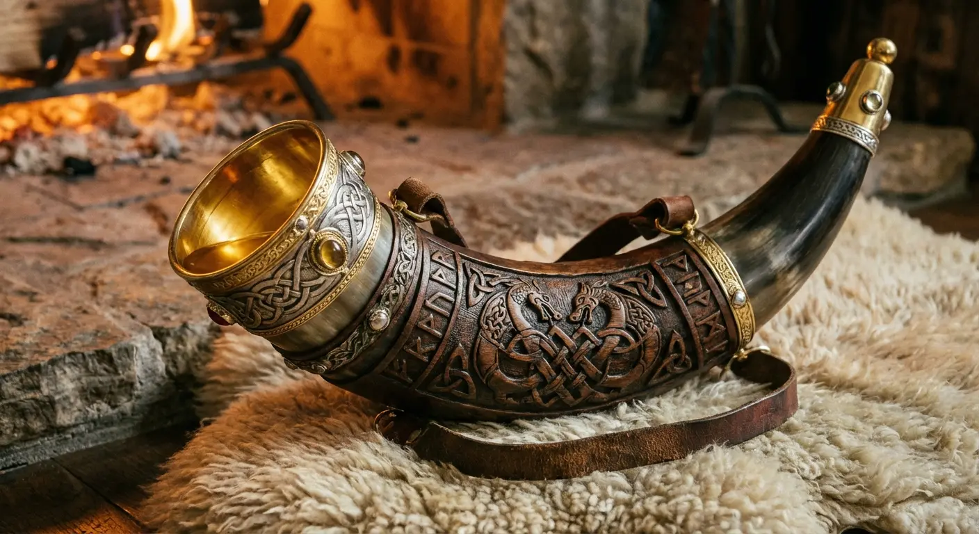 Viking drinking horn with ancestral patterns tattoo