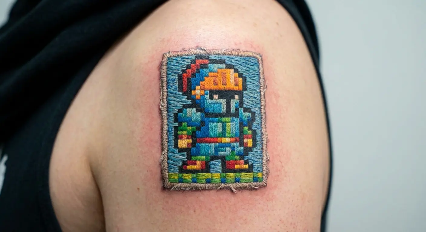 Pixel art video game patch tattoo