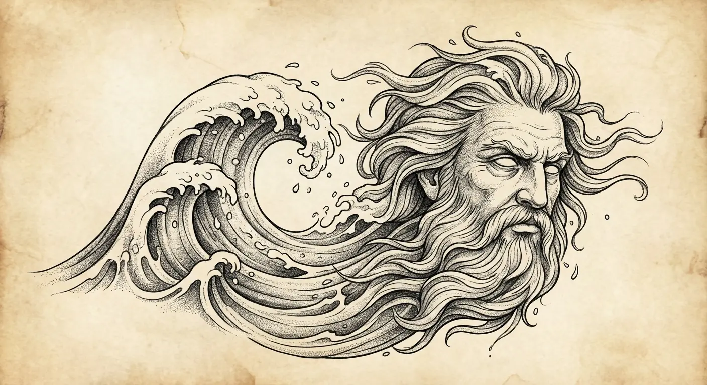 Tidal wave with Poseidon face forearm tattoo