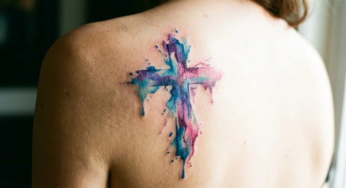 Watercolor cross tattoo with color splashes