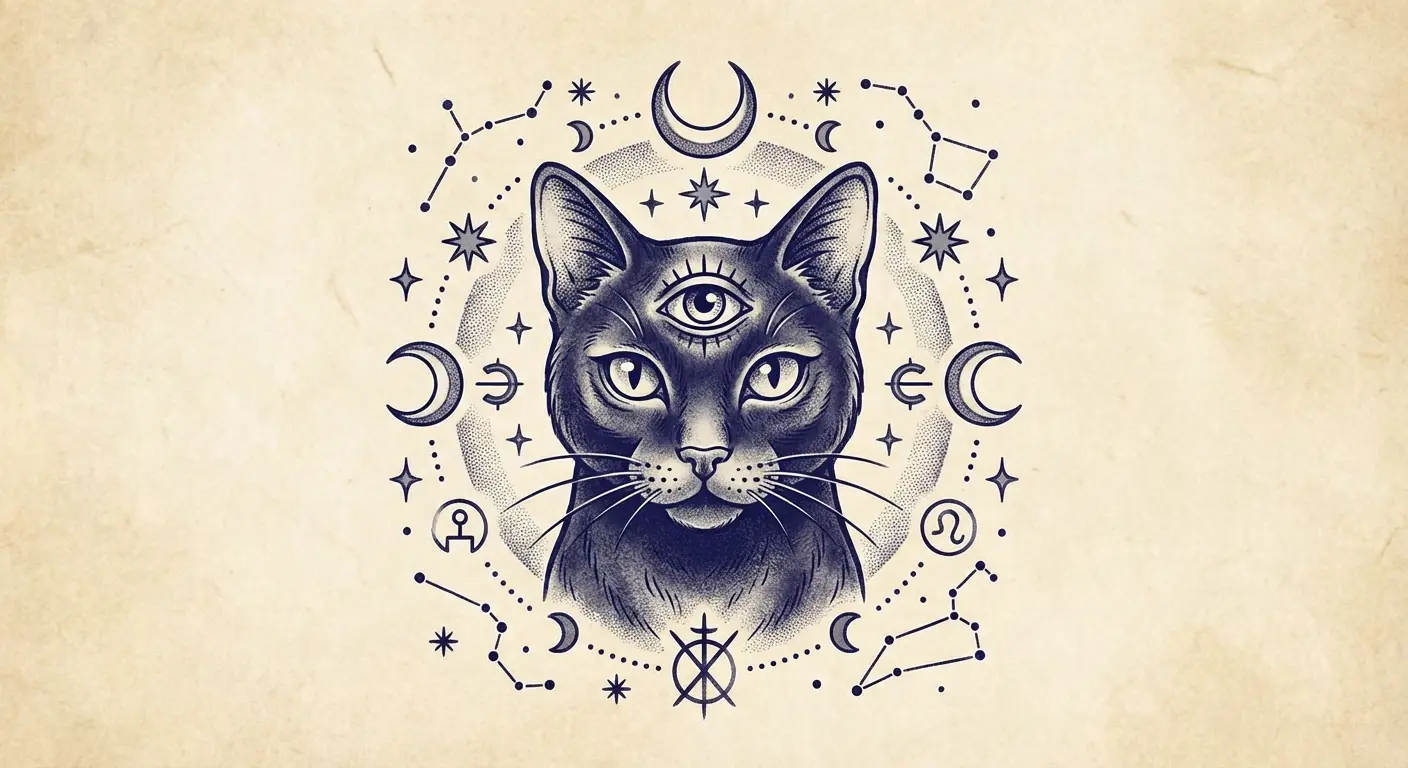 Black cat curled around crystal ball on shoulder, with subtle highlights showing the ball's reflective surface