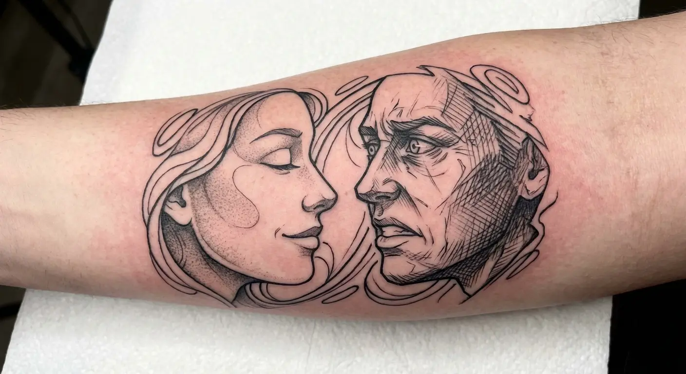 Twin faces showing contrasting emotions tattoo design