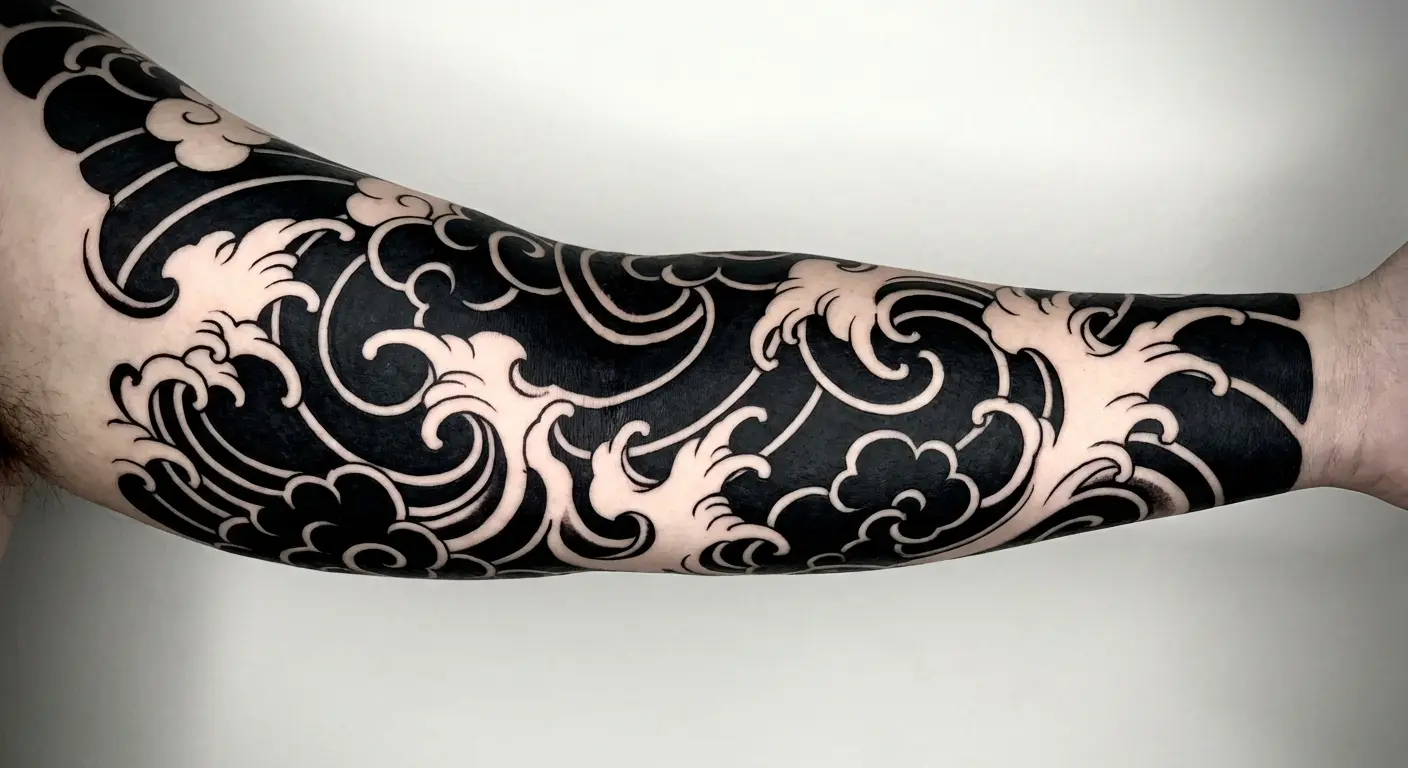 Blackwork Japanese clouds and waves