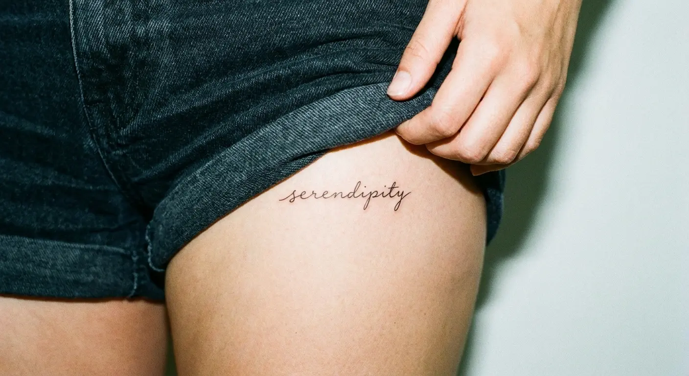 Upper thigh concealed fineline phrase tattoo