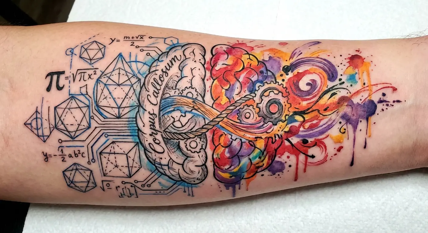 Split hemisphere brain tattoo with one realistic side and one abstract watercolor side