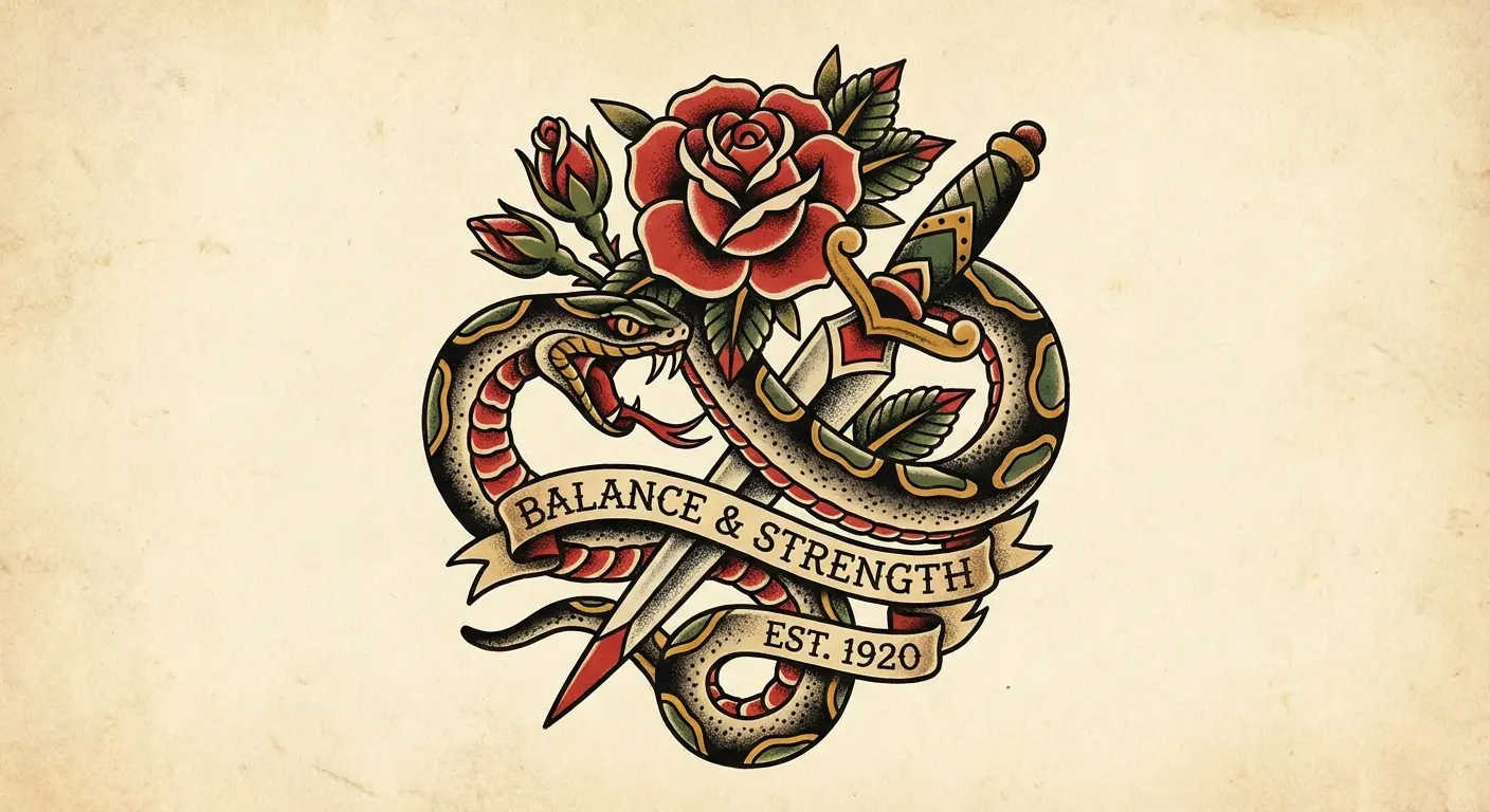 Snake tattoo combined with rose symbolism