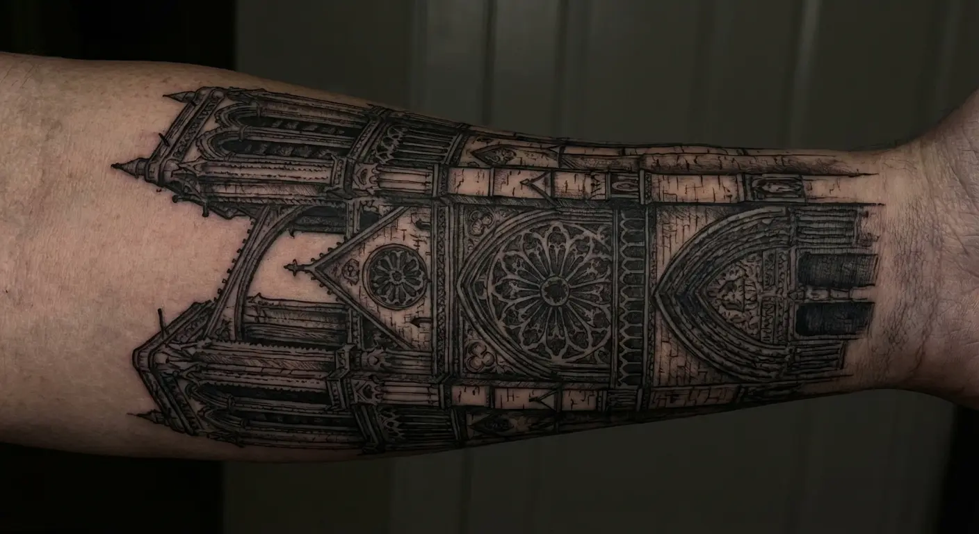 Gothic architecture fragment tattoo in black ink