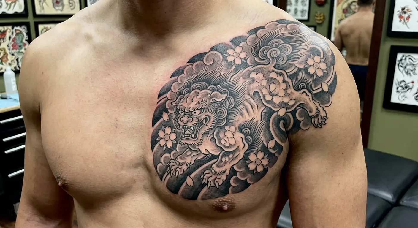 Foo dog chest irezumi tattoo