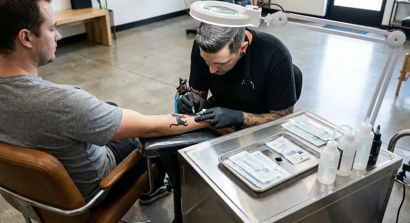 Side-by-side comparison of fresh black cat tattoo versus same tattoo healed five years, showing how solid black holds definition