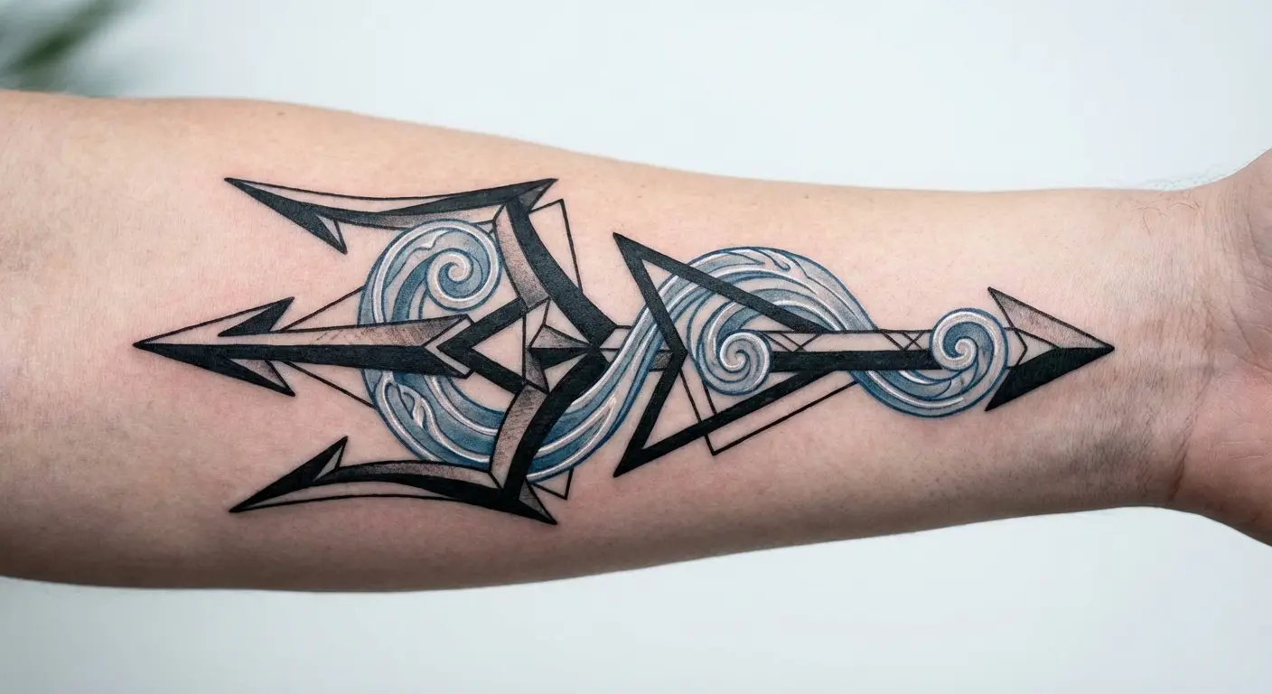 Geometric trident with water flow tattoo