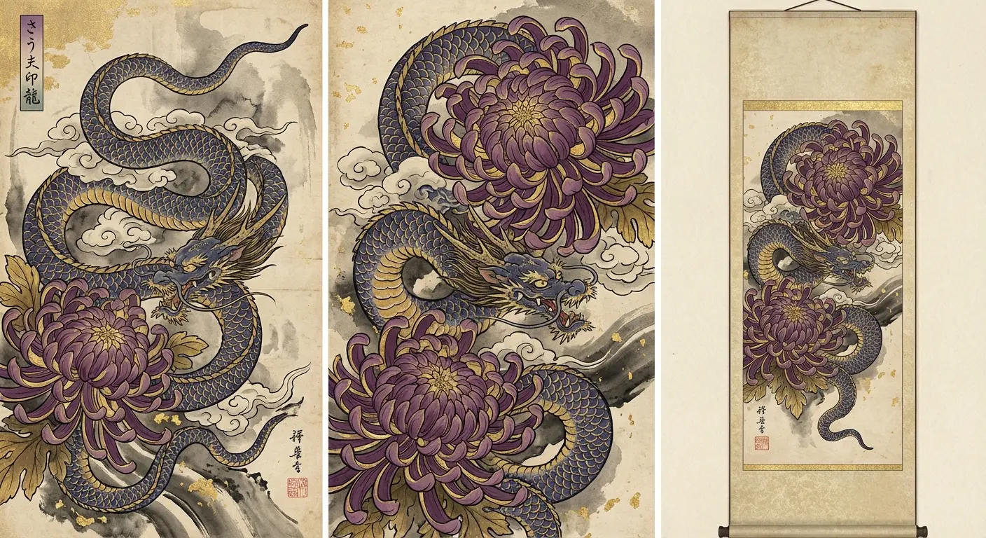 Japanese snake with chrysanthemum flowers tattoo