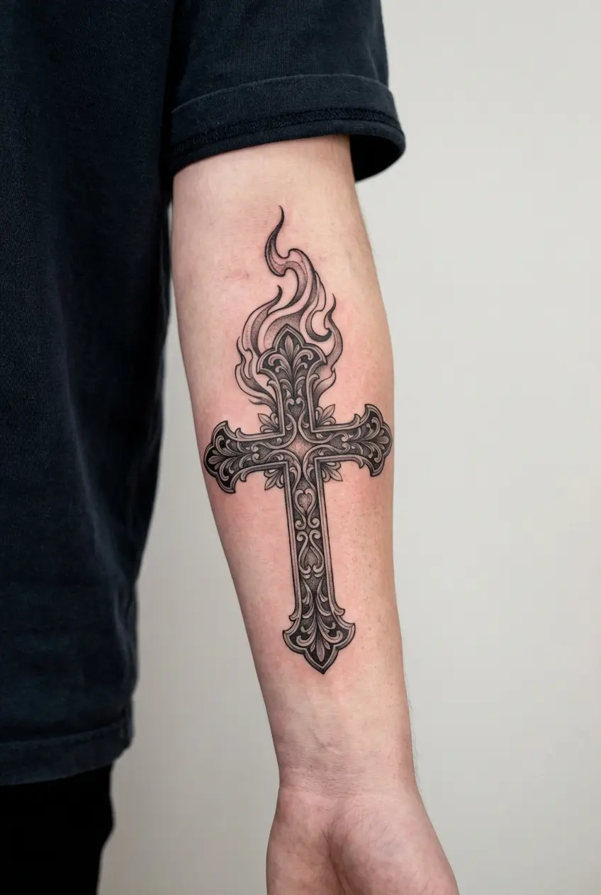 San Judas flame and cross forearm design