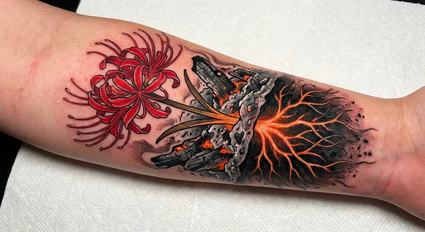 Wildfire-scarred spider lily resilience tattoo