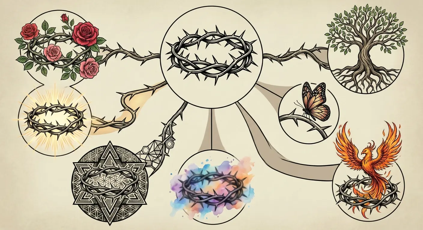 Crown of thorns with roses blooming through breaks in the circle