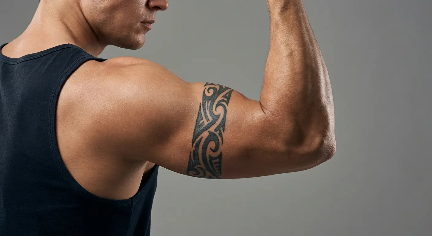 Text wrapped in complete band around flexed bicep muscle