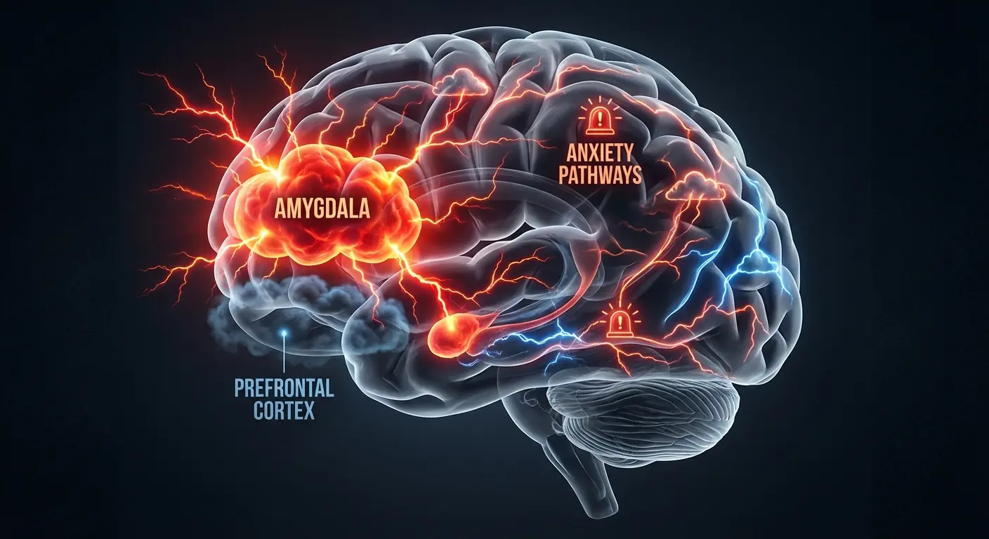 Anxiety brain tattoo showing overactive amygdala with electrical storm patterns