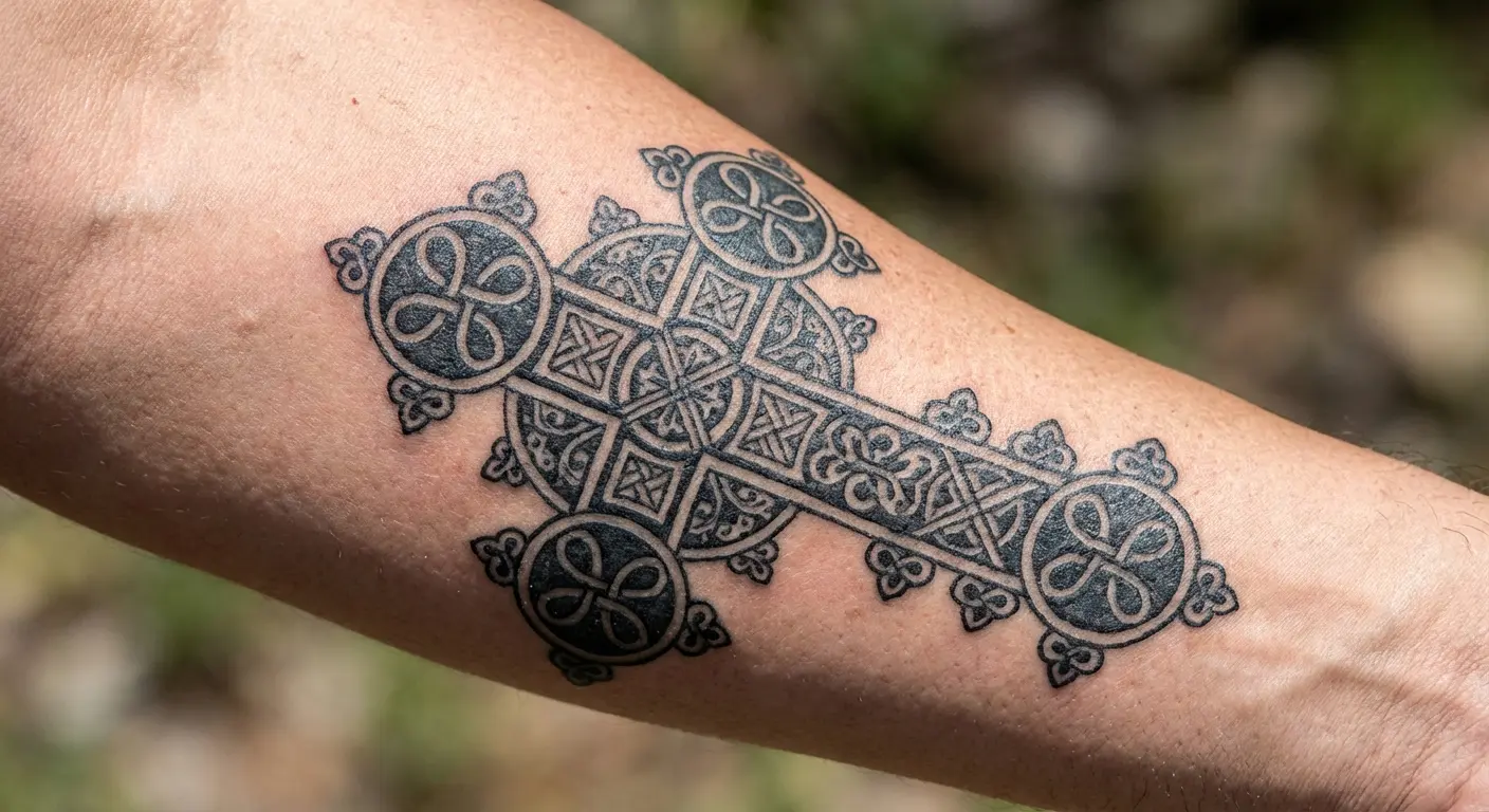 Coptic cross with geometric patterns and circles