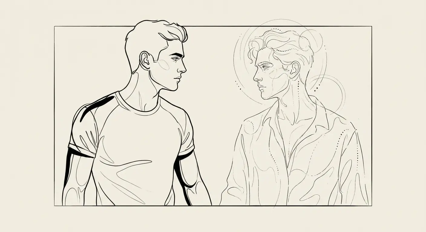 Greek god twins with modern linework tattoo