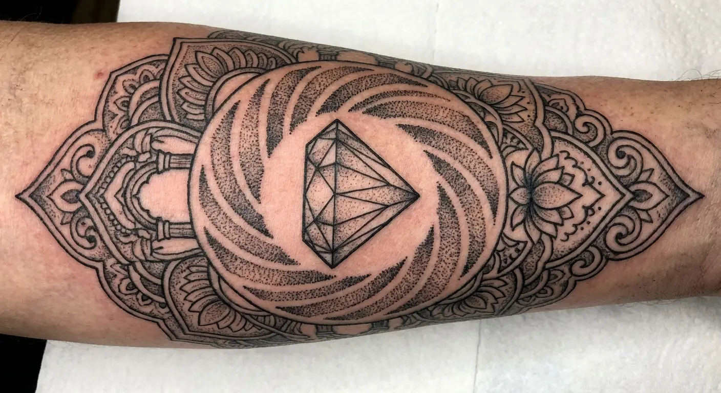 Diamond mandala fusion tattoo with intricate patterns