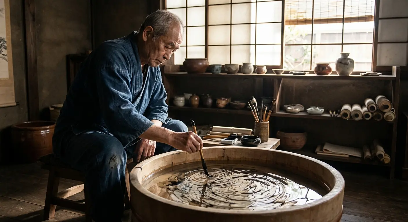 Suminagashi tattoo with flowing black ink patterns